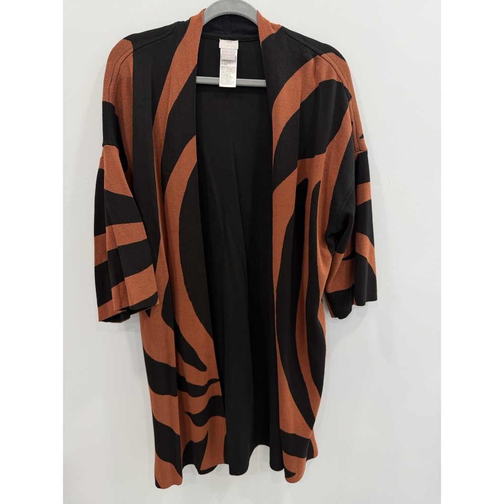 Chico's Travelers XL 3 Long Open Front Cardigan Black Rust Abstract Duster Artsy